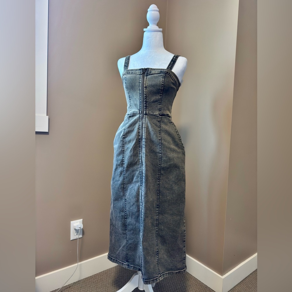 NWT GU Denim Front Zip Midi Dress Washed Khaki Brown Size S